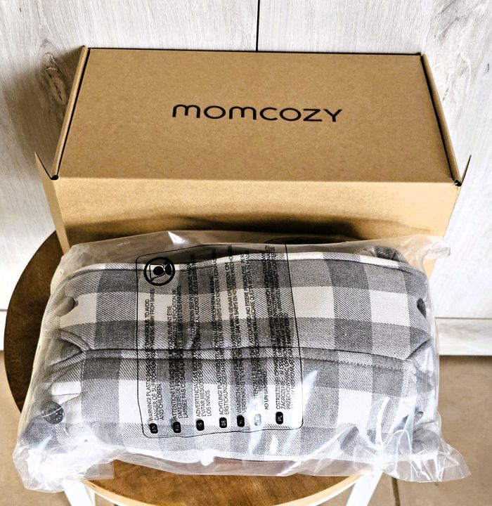 Porte-bébé Momcozy neuf – coton et lin, motif à carreaux bleu-gris - photo numéro 3