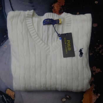 Pull torsadé à col V Ralph Lauren - Taille L - Blanc logo brodé noir - Neuf