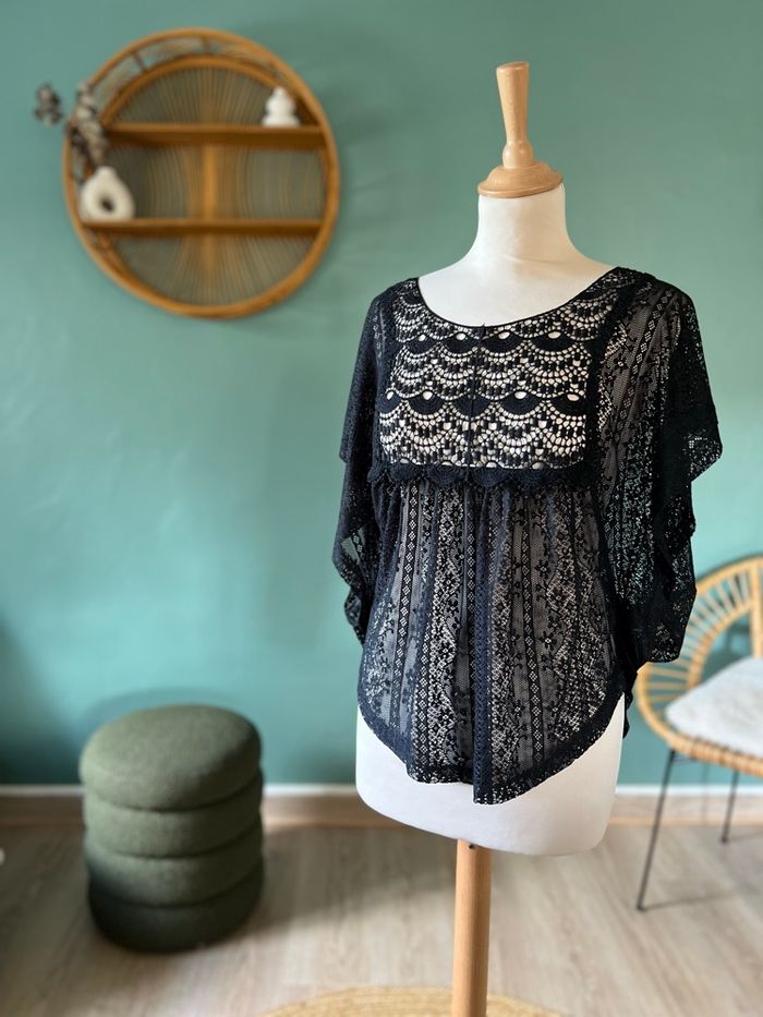 Top Blouse Dentelle Noire Pimkie Manches Chauve-Souris - photo numéro 3