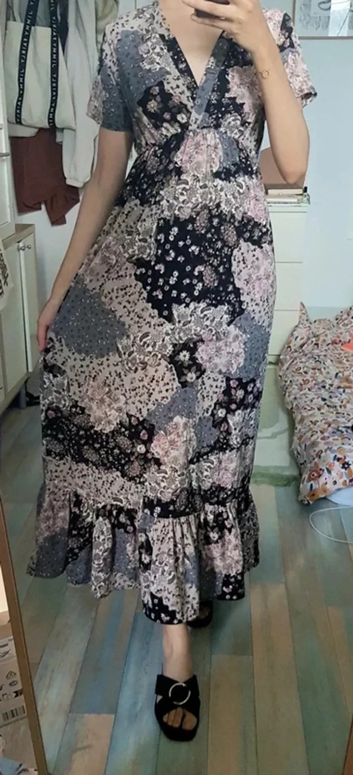 Robe longue patchwork fleurie marine beige rose TU - photo numéro 3