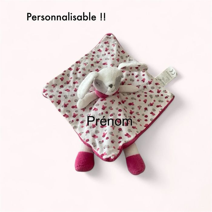 Peluche doudou plat 23cm obaibi chien lapin rose et blanc à pois fleur très bon état - photo numéro 5