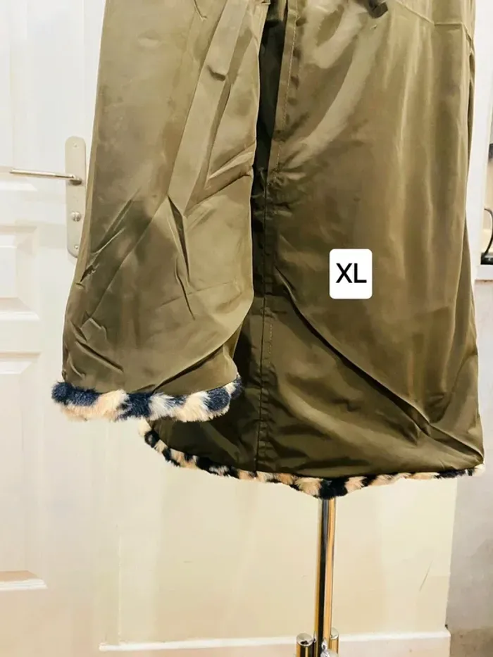 Manteau parka femme imperméable réversible fourré kaki/léopard taille XL - photo numéro 4