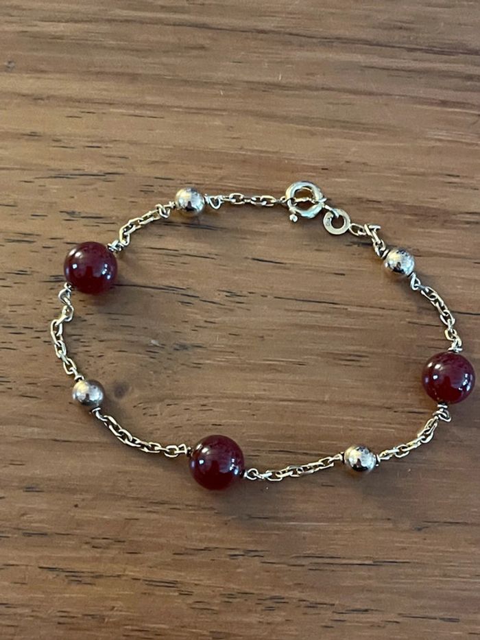 Bracelet doré vintage avec perles dorées et pierres rouges L: 18,5 cm - photo numéro 4