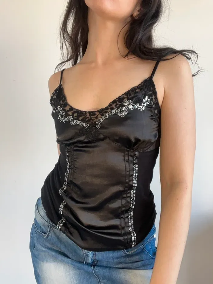 Débardeur noir satin à dentelle taille S