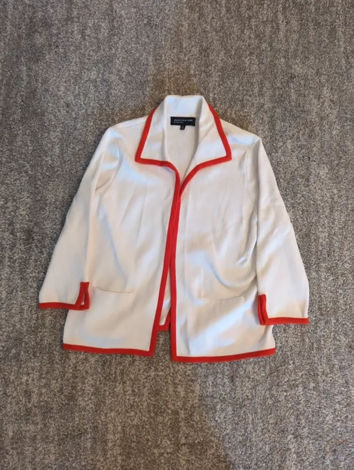 Jones New York Open Front 3/4 Sleeve Sweater White/Orange Trim - photo numéro 3