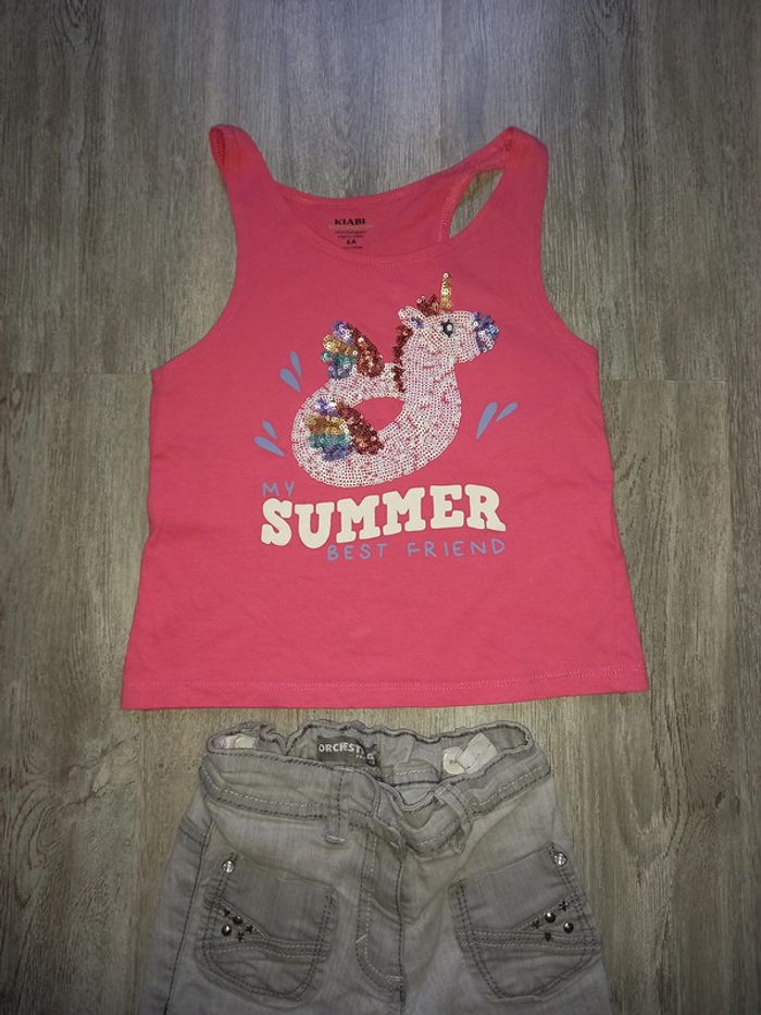 jeans slim gris orchestra et débardeur séquin licorne kiabi taille 6 ans - photo numéro 2