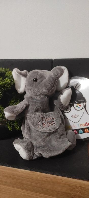 doudou Marionnette éléphant histoire d'ours gris poche blanc marron Yeux Billes