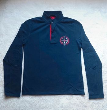 Magnifique polo manches longues Sir Gentleman Driver bleu marine et rouge, col mao, taille L