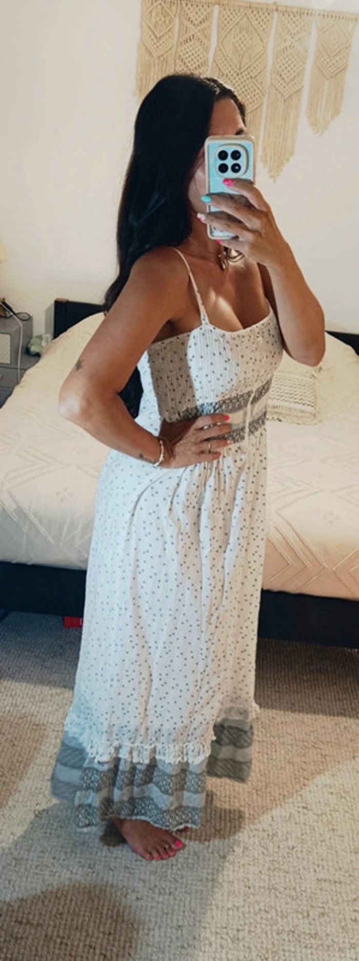 Robe longue d'été Kaffe 38 blanc fleuri bleu clair 100% coton champêtre - photo numéro 4