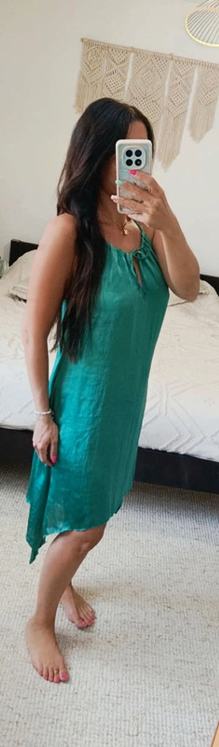 Robe d'été de soirée légère fluide Impérial soyeuse vert émeraude asymétrique classe chic - photo numéro 2