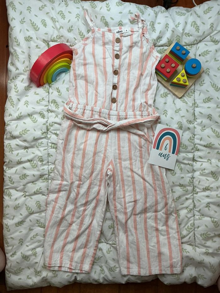 Combinaison pantalon large à bretelles crème et rose gemo 6 ans