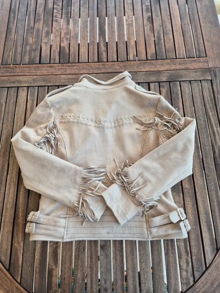 Veste / Perfecto suedine taupe a franges Amisu T.40 - photo numéro 4