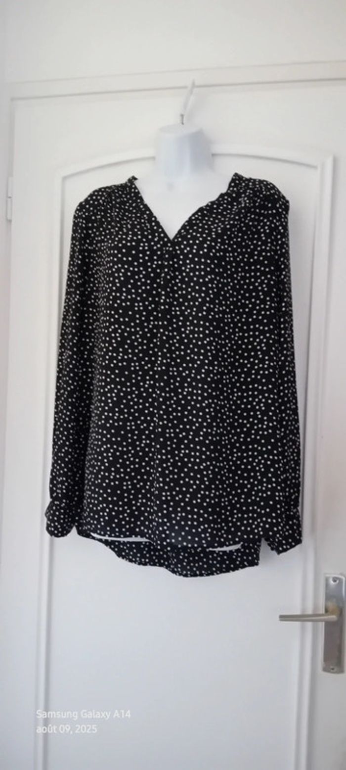 Blouse longue fluide col V manches longues à pois noir et blanc femme XL - photo numéro 9