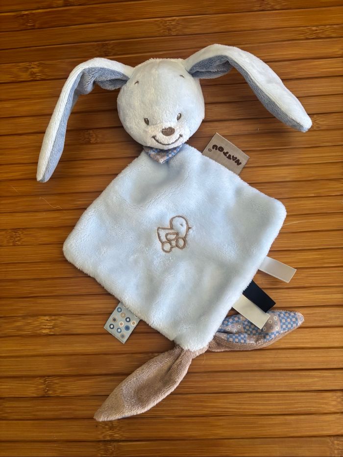 Neuf doudou plat lapin Alex bibou bleu marron nattou