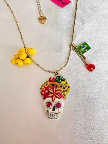 Vintage Betsey Johnson Fruit Hat Sugar Skull Day Of The Dead Halloween Necklace Brazil
