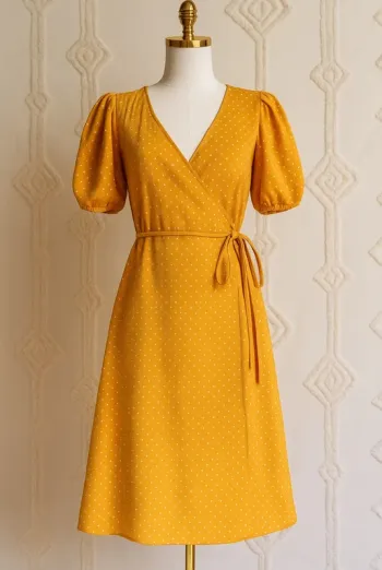 Robe portefeuille moutarde à pois MANGO – coupe cache-cœur, manches bouffantes, taille XS