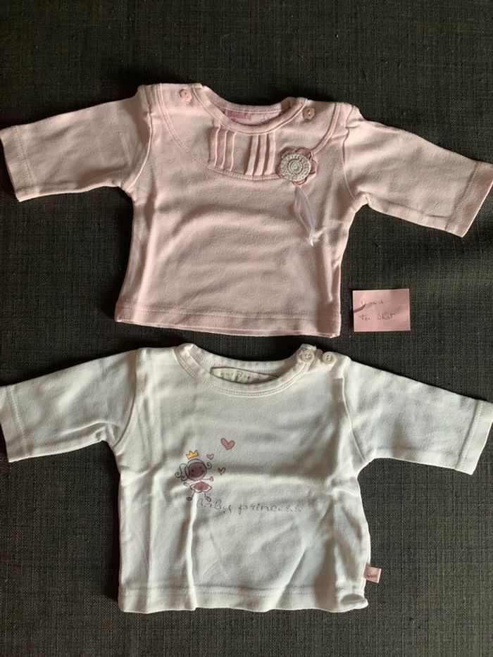 Lot de 2 tee shirt naissance fille rose pâle et blanc / beige