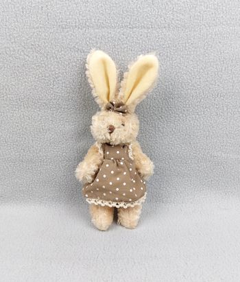Petite Peluche doudou lapin en robe LA GALLERIA 22 cm marron beige pois nœud TBE
