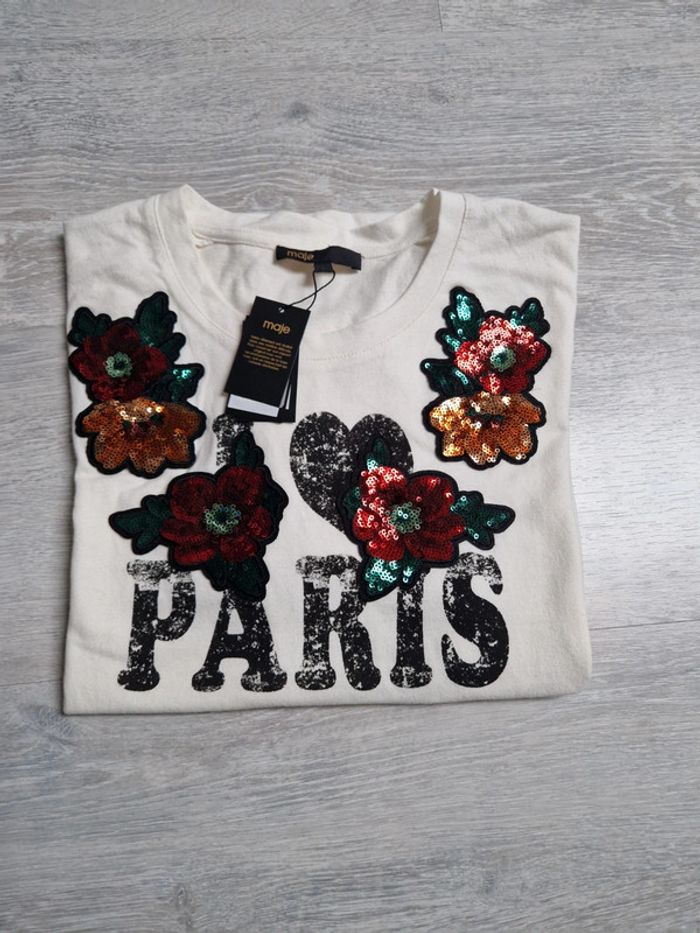 Tee-shirt Maje neuf avec étiquette Taille 1 Paris avec fleurs et sequins