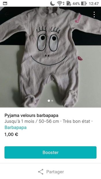 Pyjama velours 1 mois barbapapa