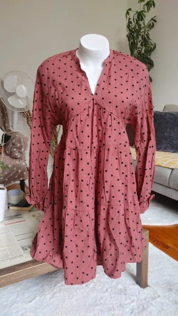 Robe couleur rouille à pois noircasual mini manches longues décolleté