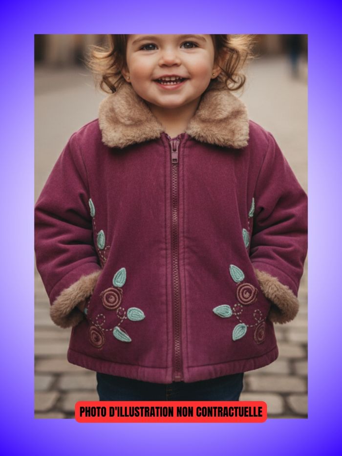 Manteau Bébé/Enfant Velours Côtelé Bordeaux Tom Kids – Col Fourrure & Broderies Florales – 12 mois, 74 cm – Très Bon État - photo numéro 5