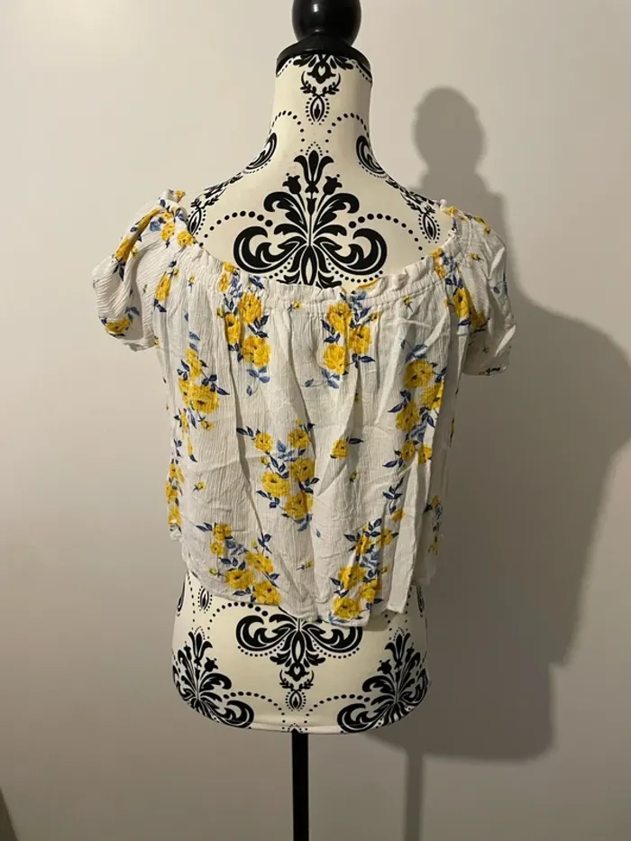 T-shirt court crop top H&M taille 38 manche courte blanc fleuri jaune - photo numéro 4