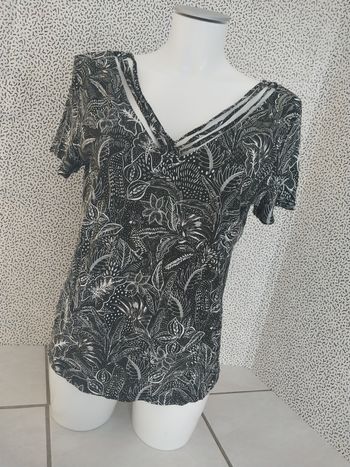 T-shirt femme Cache Cache – imprimé floral noir et blanc – taille L