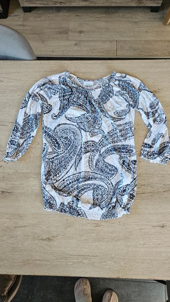 Blouse larhe à manches 3/4, blanche à dessin, Yessica, taille S, nickel