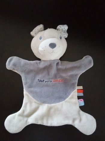 Doudou vintage plat,  chien, ours sucre d'orge plat, bleu, gris, tout petit dandy, étiquettes