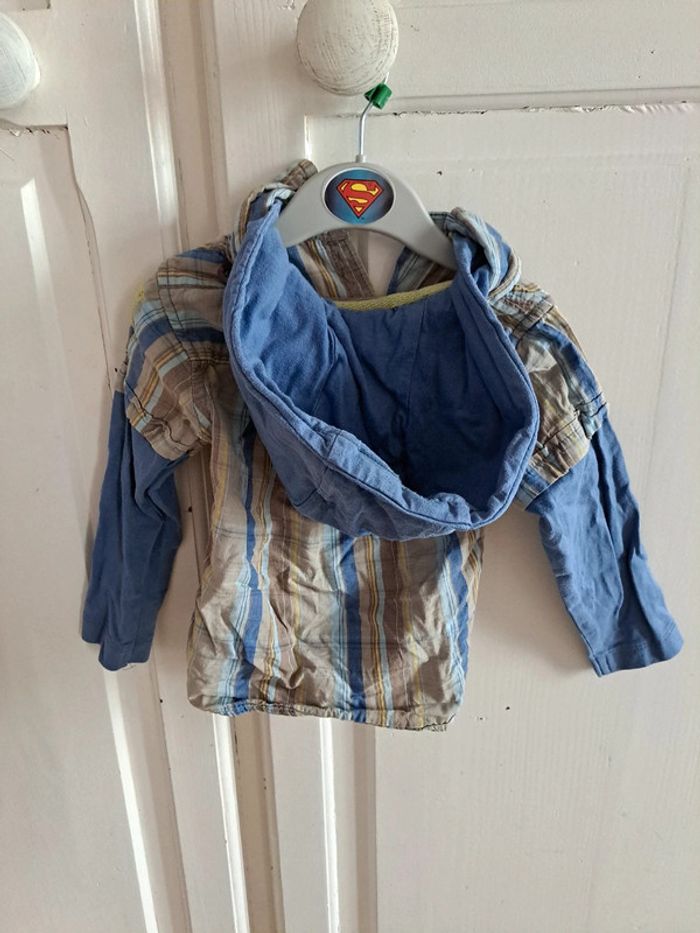 Chemise manche longue a capuche à carreaux bleu et marron 12mois orchestra - photo numéro 2