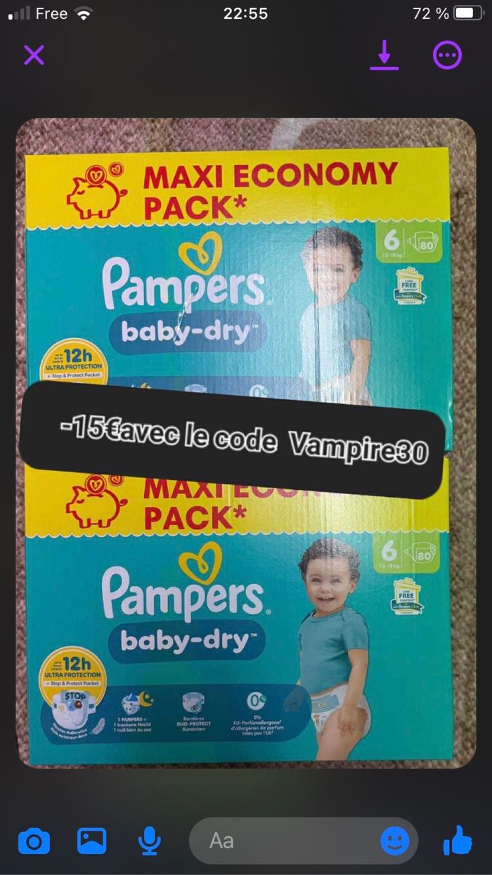2 carton de couche Pampers taille six