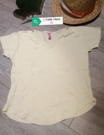 🌸Tee-shirt jaune clair, col brodé taille 14 ans "bking" Neuf