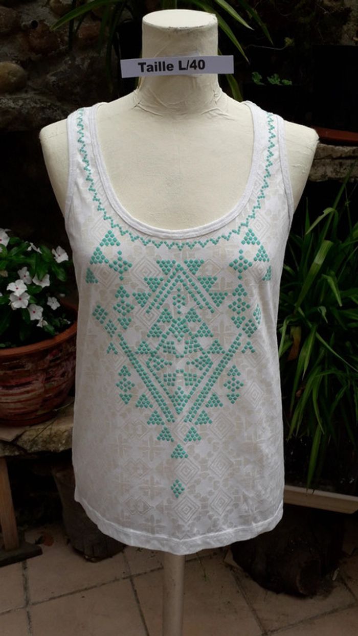 Tee-shirt débardeur blanc motif turquoise