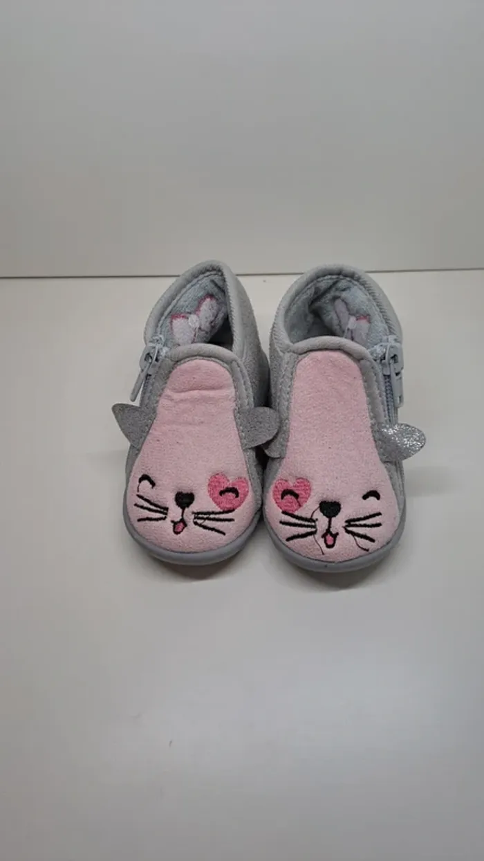 💚Chaussons bébé fille – motif chat – gris et rose – avec fermeture zip – T. 20 - photo numéro 3