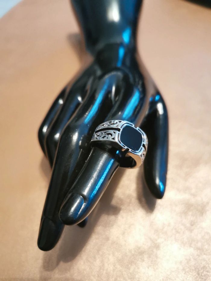 Chevalière homme tendance acier et pierre noireT11 - photo numéro 2