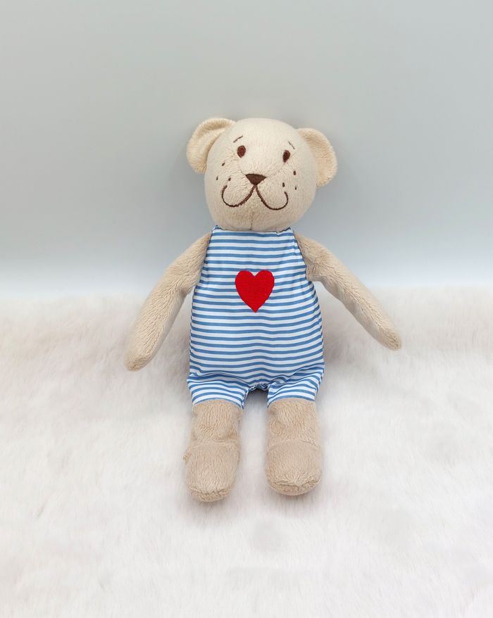 IKEA Peluche doudou ours beige Fabler Björn rayé bleu blanc coeur rouge 23,5 cm