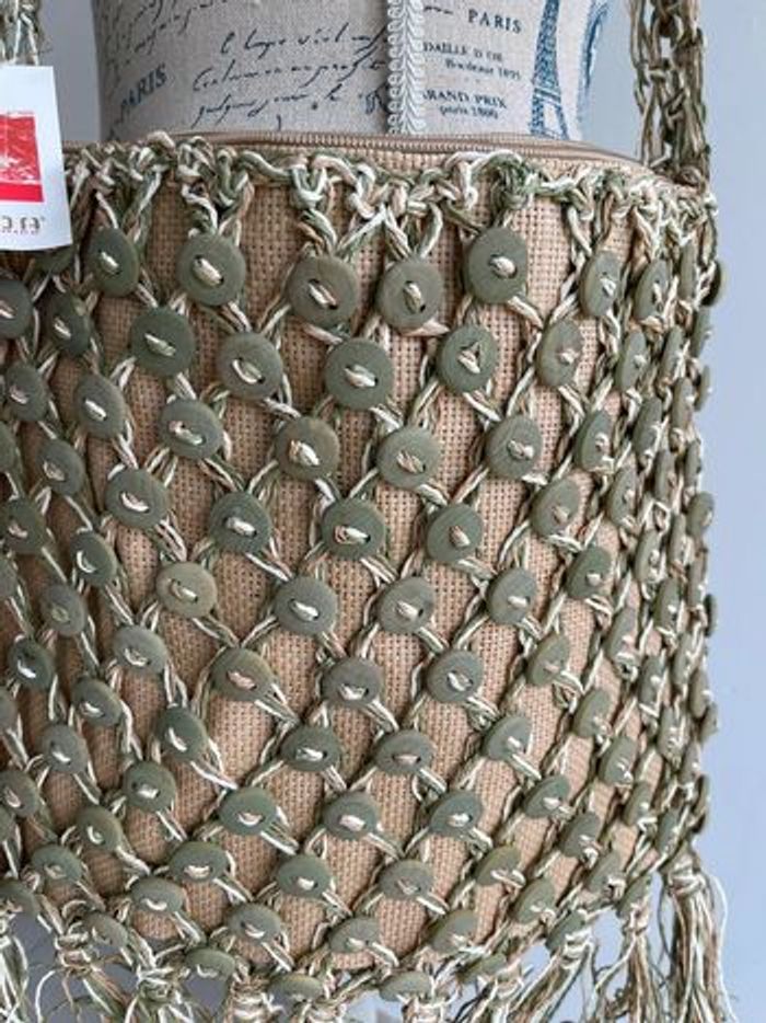 Grand sac raphia (31x38cm) beige et vert - photo numéro 4