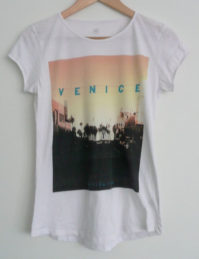 T shirt blanc imprime multicolore. Venice. California. Coton. Taille 38