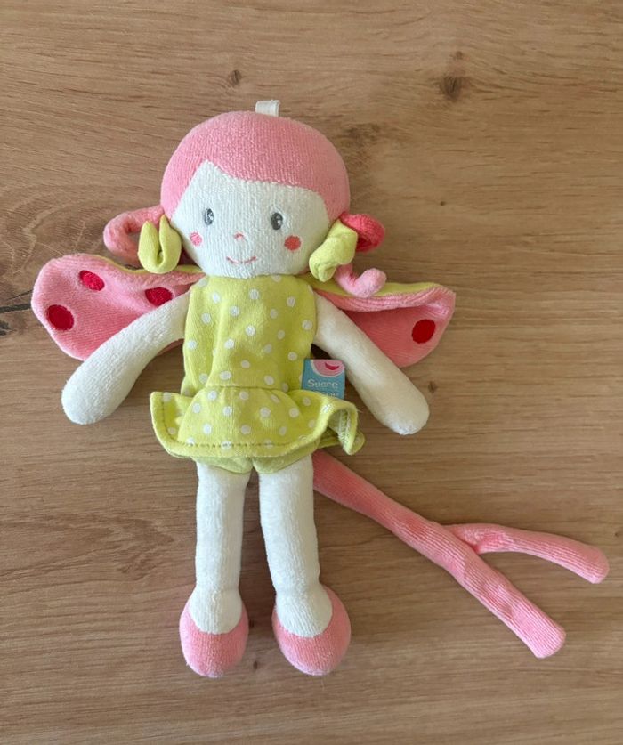 Doudou peluche poupée fille rose vert attache sucette sucre d orge