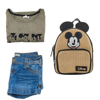 T-shirt Disney + short en jean Kiabi, taille 40 + sac à dos Disney
