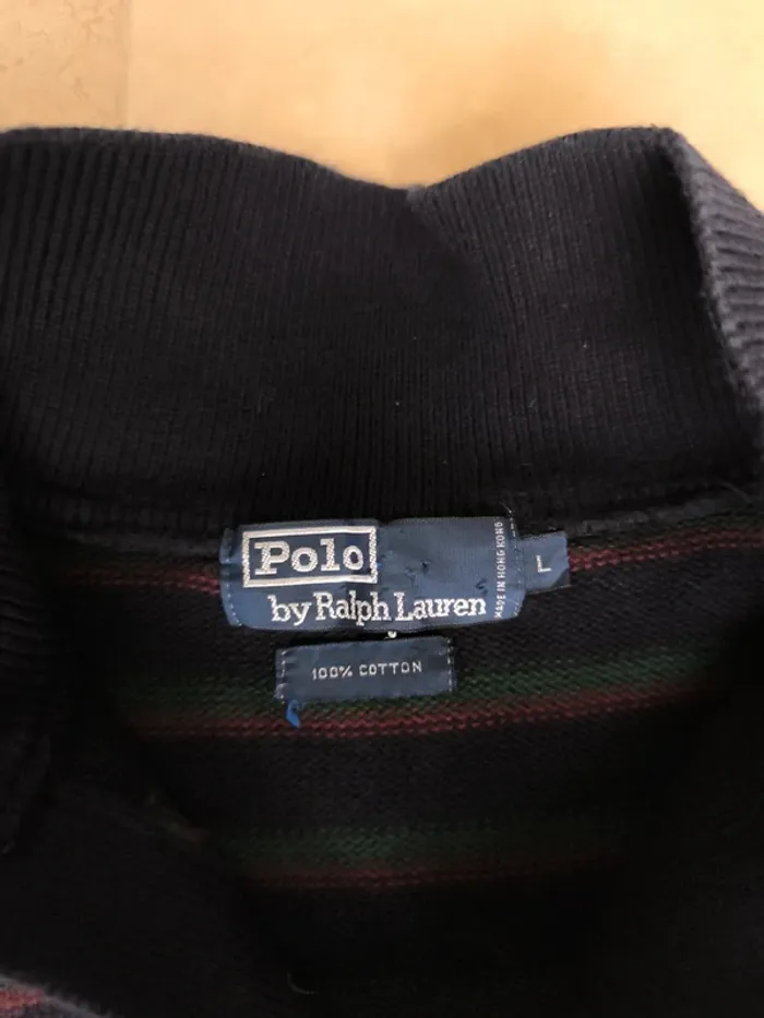 Magnifique pull col  boutonné Ralph Lauren homme L noir rayures vertes rouges logo rouge - photo numéro 6