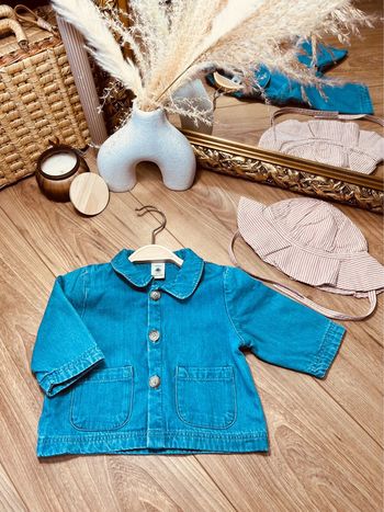 Taille 6 mois ensemble veste en jean et bonnet fille Petit Bateau bleu et rose 🎀