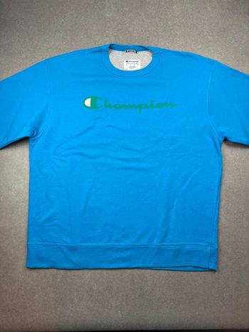 Pull champion sweat vintage bleu logo vert logo brodé sur la manche taille XL