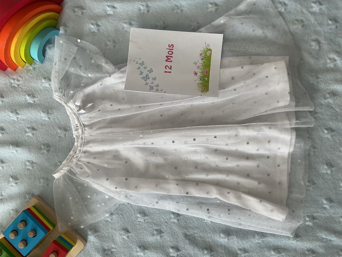 robe manches courtes blanc en tulle doublure à pois argentés 12 mois tex - photo numéro 3