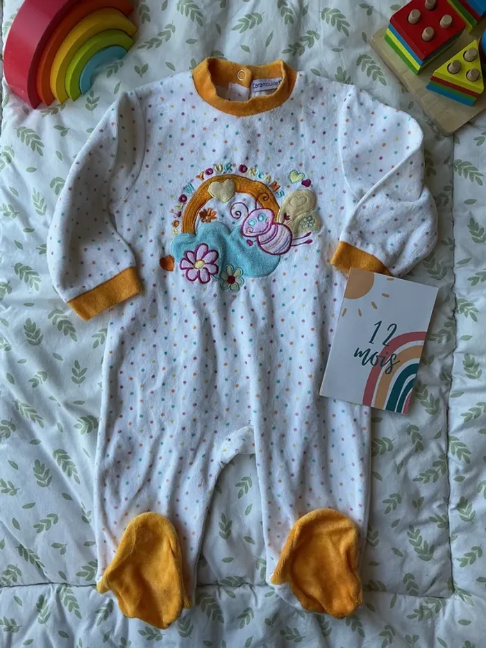 pyjama grenouillère en velours blanc à pois multicolore caramouille 12 mois - photo numéro 2
