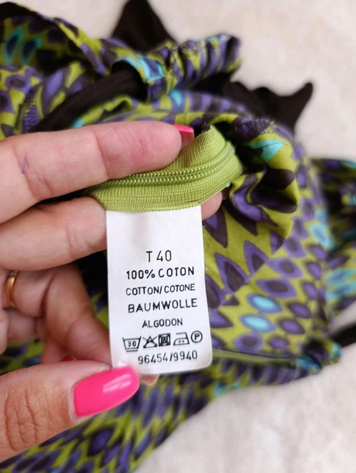 Robe d'été Chattawak 40 violet, marron et vert style hippie 70's 100% coton avec volants - photo numéro 8