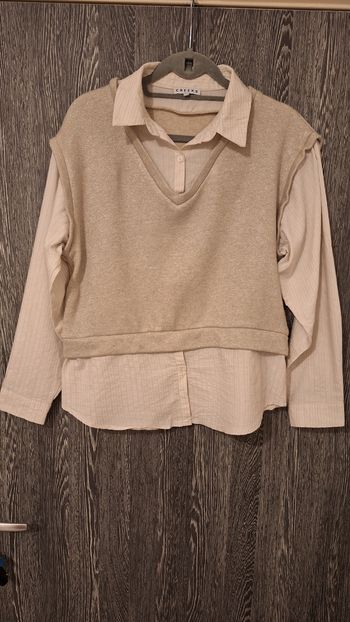 Pull chemise 2-en-1 rayé doré, beige et blanc