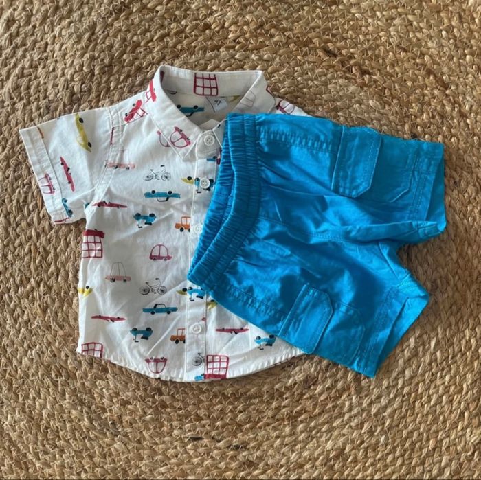 Ensemble garçon short cargo chemise voitures