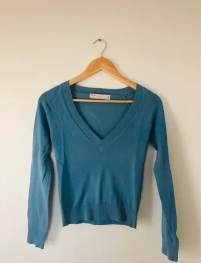 Pull bleu femme S 36 col v petit tricot Zara trafaluc - photo numéro 7